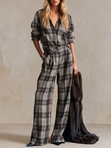 Retro Relaxed Grey-Brown Plaid V-Neck Shirt And Wide-Leg Pants Set