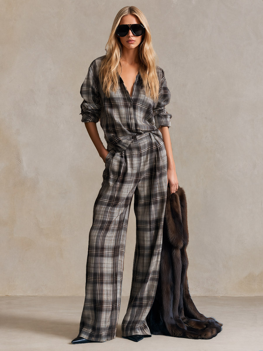 Retro Relaxed Grey-Brown Plaid V-Neck Shirt And Wide-Leg Pants Set