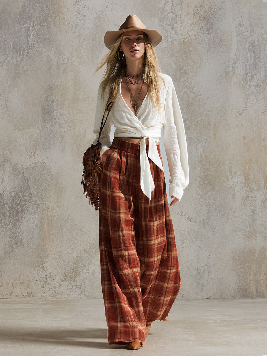 Vintage-style Boho White V-neck Shirt And Reddish-brown Plaid Wide-leg Trousers Set