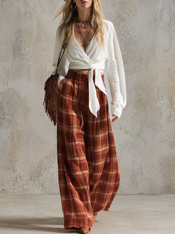 Vintage-style Boho White V-neck Shirt And Reddish-brown Plaid Wide-leg Trousers Set