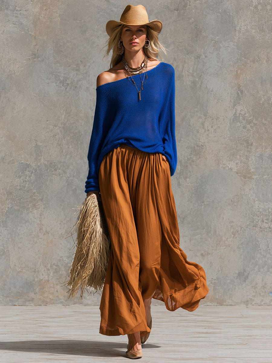 Vintage-style Elegant Blue Long-sleeve Knit Top And Brown Cotton Midi Skirt Set