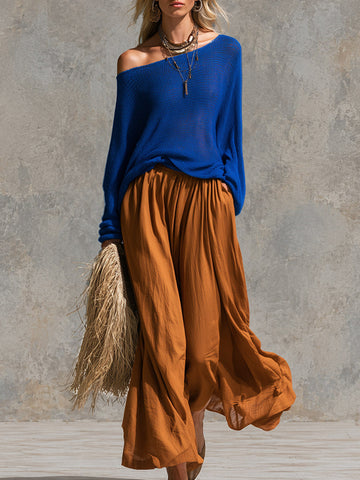 Vintage-style Elegant Blue Long-sleeve Knit Top And Brown Cotton Midi Skirt Set