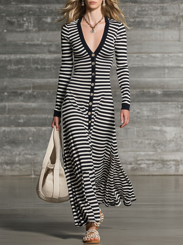Fashionable Retro Black And White Striped Cotton Long-sleeved Maxi Dress