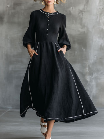 Vintage-style White-trimmed Black Cotton-linen Long-sleeved Midi Dress