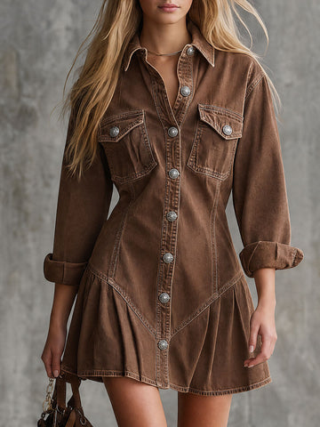 Vintage Brown Single-breasted Long-sleeved Collared Shirt-style Denim Mini Dress