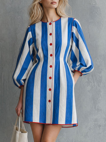 Casual Retro Color-blocked Trim Blue And White Striped Cotton And Linen Mini Dress
