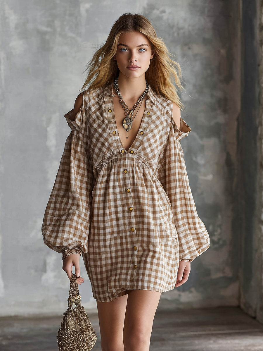 Retro Casual Cut-Out Shoulder Khaki Yarn-Dyed Check Mini Dress