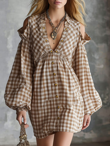 Retro Casual Cut-Out Shoulder Khaki Yarn-Dyed Check Mini Dress