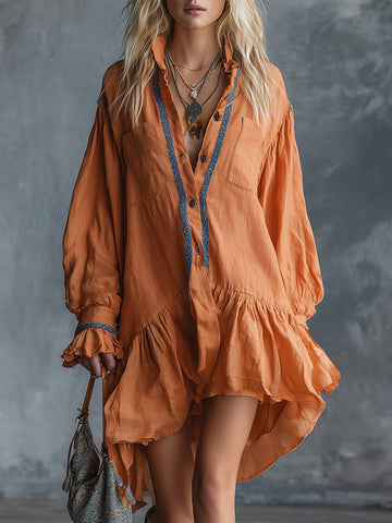 Chic & Casual Lace-Trimmed Orange Cotton-Linen Long-Sleeve Mini Dress