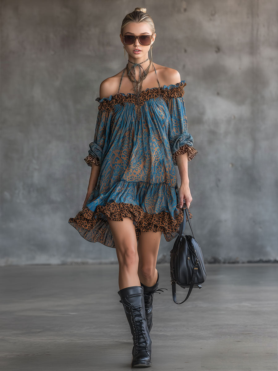 Elegant Retro Leopard Print Blue Chiffon Long-sleeved Mini Dress