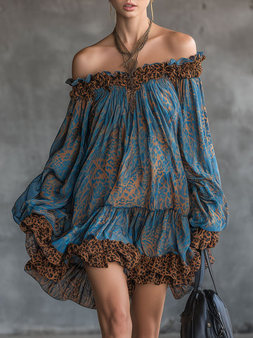 Elegant Retro Leopard Print Blue Chiffon Long-sleeved Mini Dress