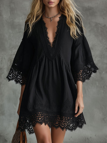 Casual Retro Lace Trim Black V-neck Three-quarter Sleeve Cotton Linen Mini Dress
