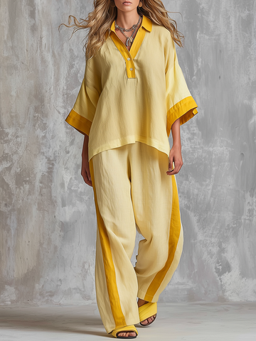 Retro-casual Elegant Yellow Color-block Cotton-linen Set