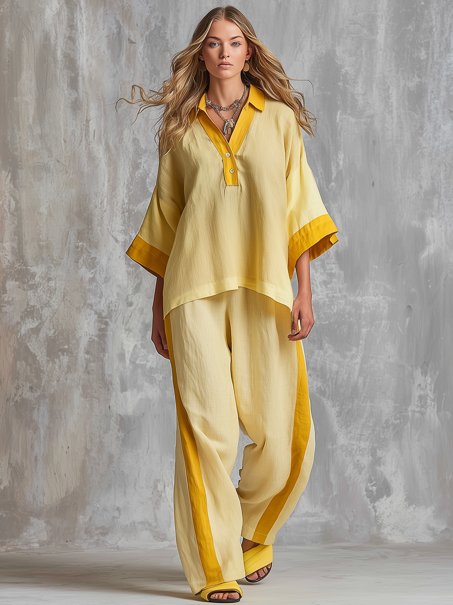 Retro-casual Elegant Yellow Color-block Cotton-linen Set