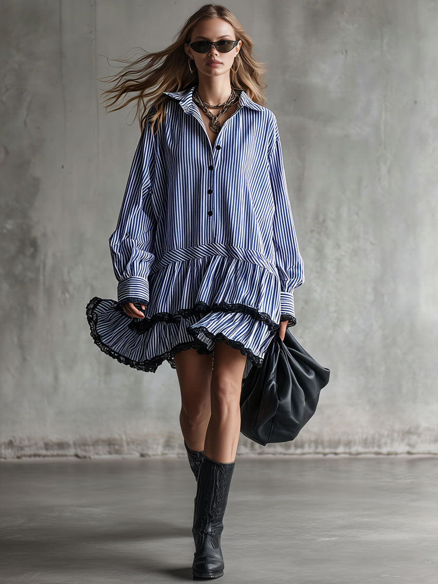 Fashionable Retro Lace-trimmed Blue Striped Long-sleeved Mini Dress