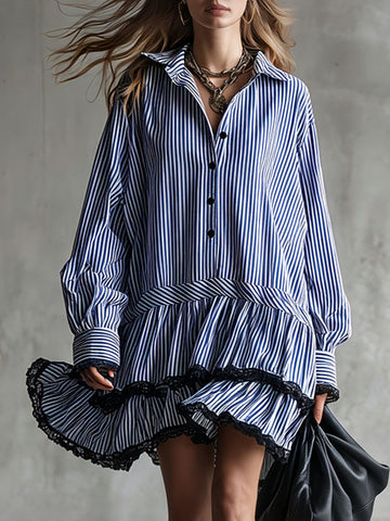 Fashionable Retro Lace-trimmed Blue Striped Long-sleeved Mini Dress