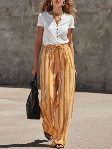 Fashionable Retro Short-sleeved T-shirt And Yellow Striped Cotton Linen Pants Set