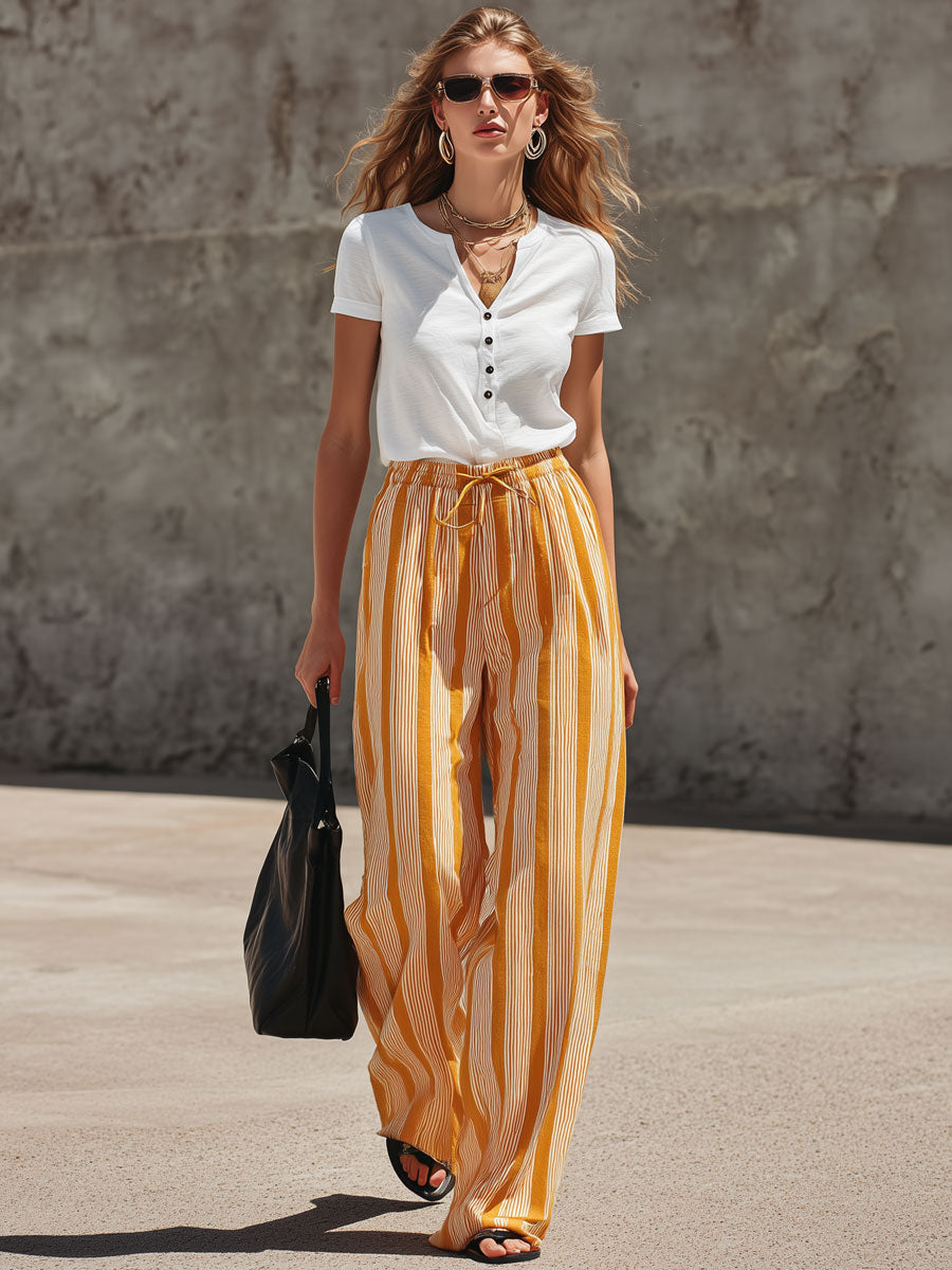 Fashionable Retro Short-sleeved T-shirt And Yellow Striped Cotton Linen Pants Set