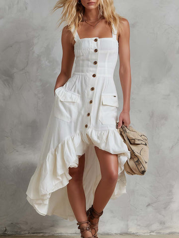 Vintage White Cotton-Linen Button Front High-Low Ruffle Maxi Dress