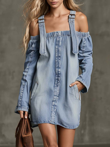 Off Shoulder Zip Front Denim Mini Dress