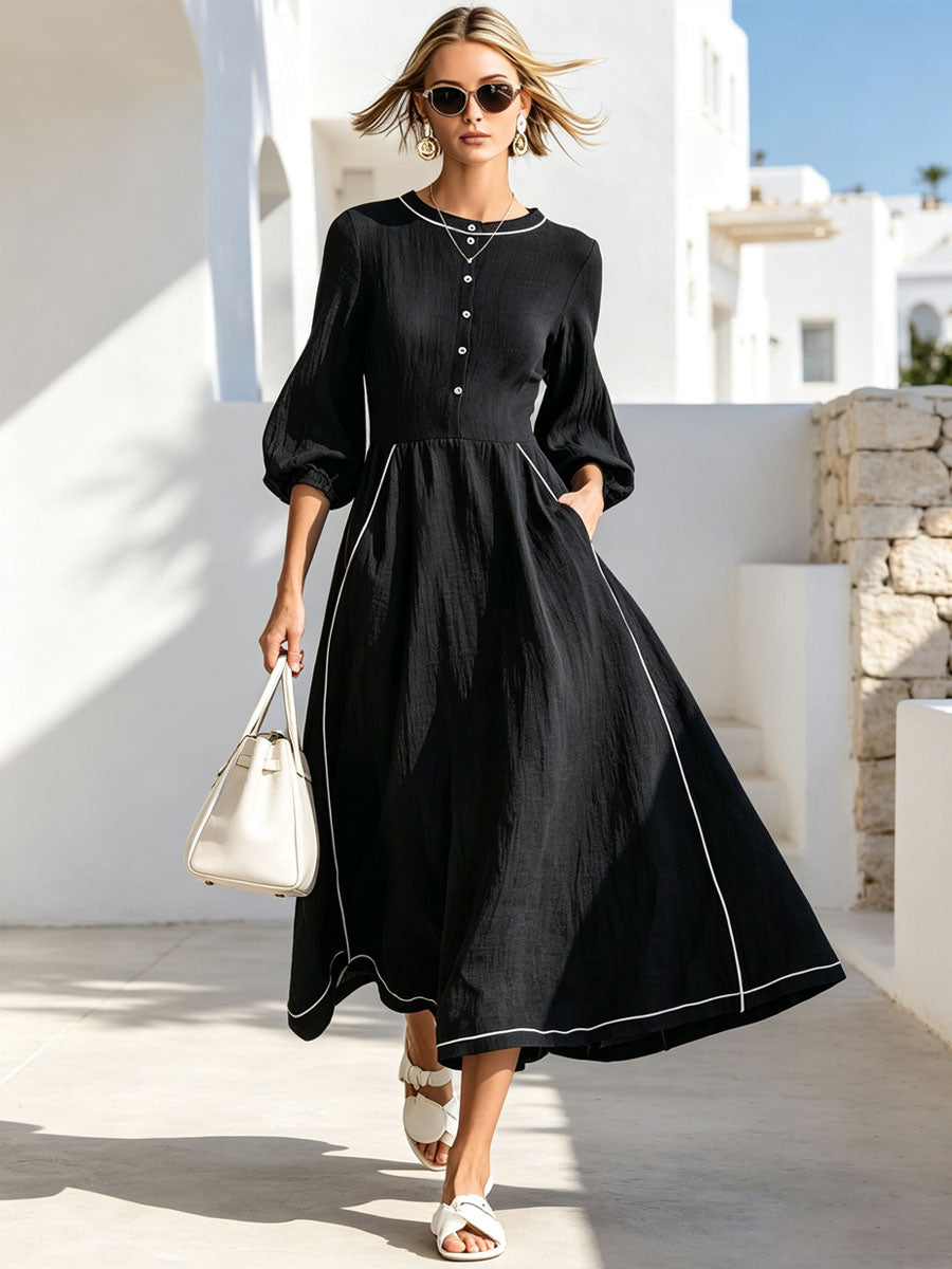 Vintage-style White-trimmed Black Cotton-linen Long-sleeved Midi Dress