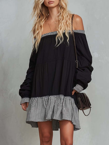 Gingham Trim Off Shoulder Tiered Babydoll Mini Dress