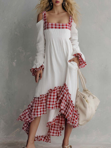 Boho Western Plaid Patchwork Cotton Linen Maxi Dress