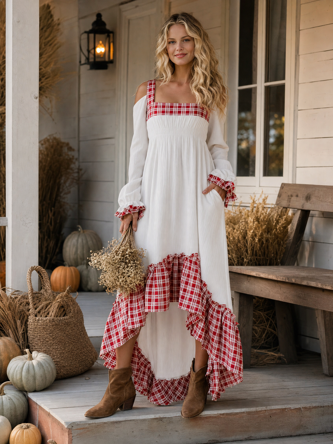 Boho Western Plaid Patchwork Cotton Linen Maxi Dress