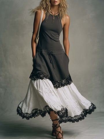 Boho Lace Trim Eyelet Patchwork Sleeveless Drop-Waist Maxi Dress