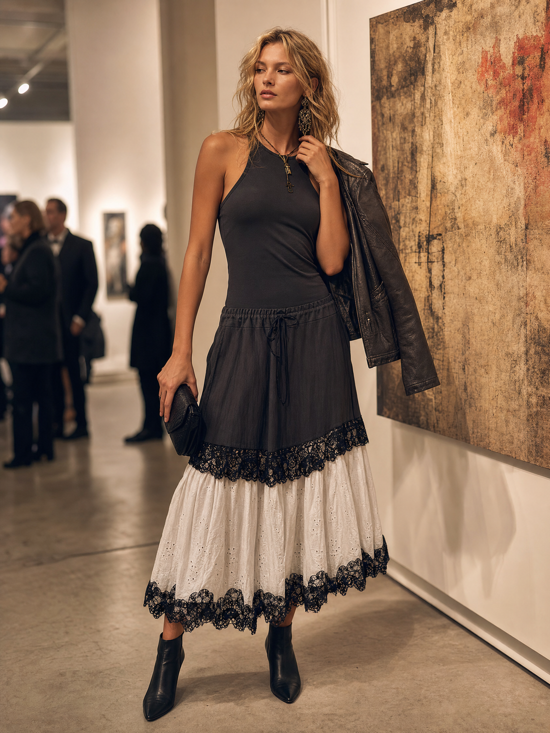 Boho Lace Trim Eyelet Patchwork Sleeveless Drop-Waist Maxi Dress