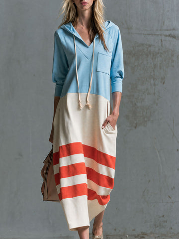 Retro Casual Color-blocked Trim Blue Hooded Cotton Midi Dress