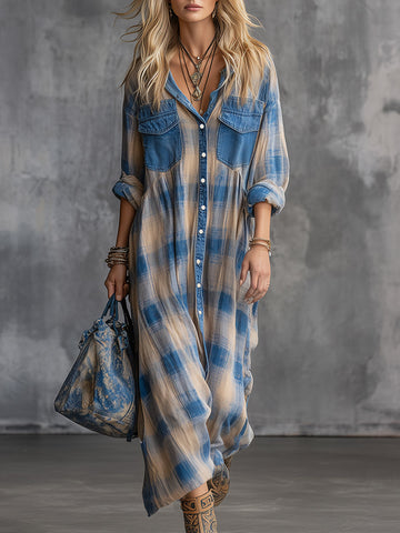 Retro-casual Chic Denim-pocket Blue Plaid Cotton Long-sleeve Maxi Dress