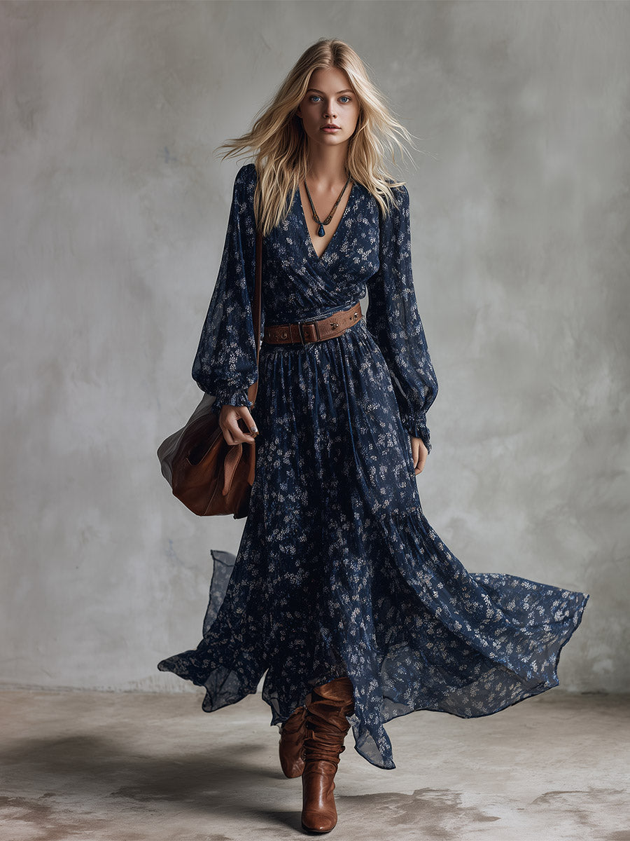 Retro Classic Floral Print Navy Blue Chiffon Maxi Dress