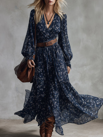 Retro Classic Floral Print Navy Blue Chiffon Maxi Dress