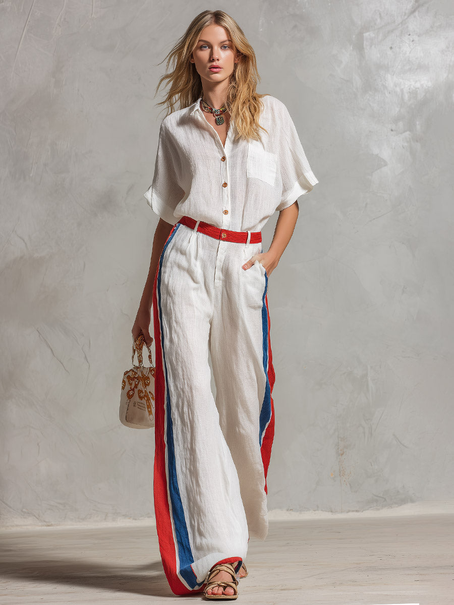Casual Urban Color-Block White T-Shirt And Wide-Leg Pants Cotton-Linen Set