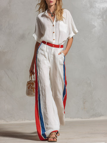 Casual Urban Color-Block White T-Shirt And Wide-Leg Pants Cotton-Linen Set