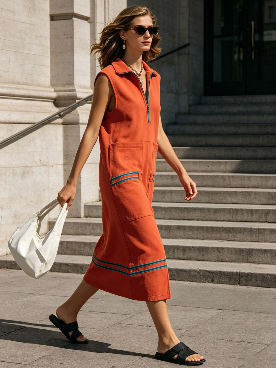 Sporty Retro Striped Half-zip Orange Cotton Sleeveless Midi Dress