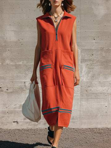 Sporty Retro Striped Half-zip Orange Cotton Sleeveless Midi Dress