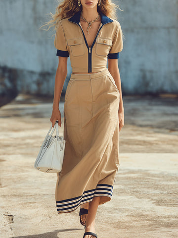 Casual Sporty Retro Striped Camel Short-Sleeve Top And Skirt Set