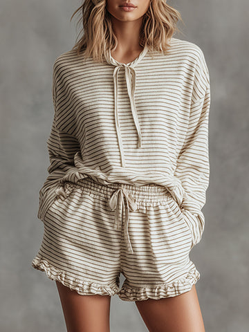 Retro-style Beige Striped Cotton Sweatshirt And Shorts Set
