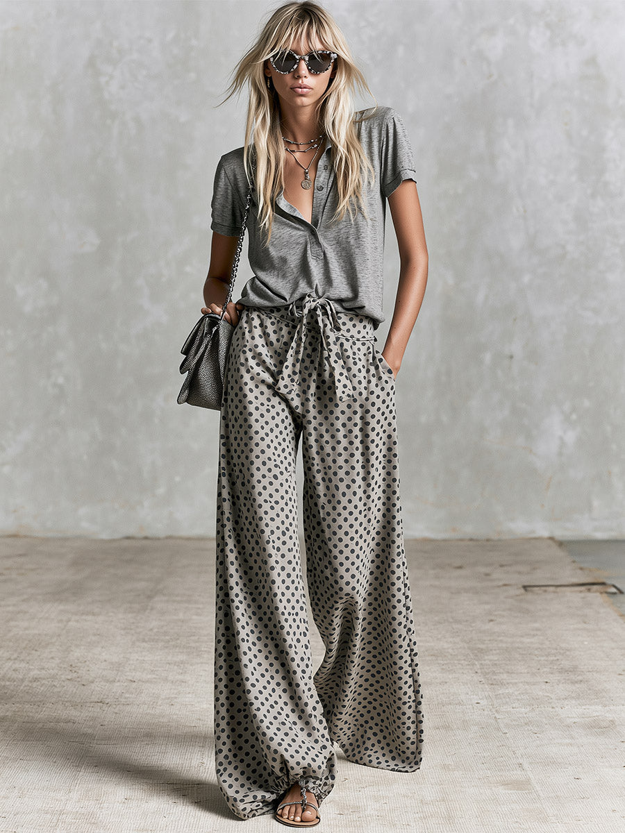 Chic Urban Sporty Grey Polo Shirt And Polka-dot Trousers Set