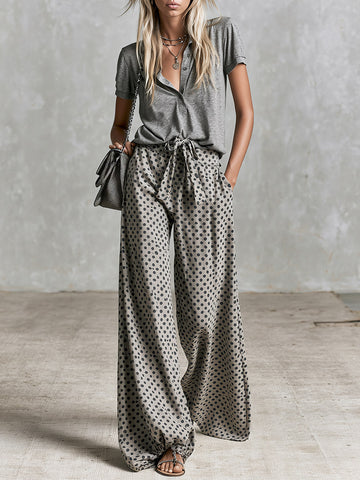 Chic Urban Sporty Grey Polo Shirt And Polka-dot Trousers Set