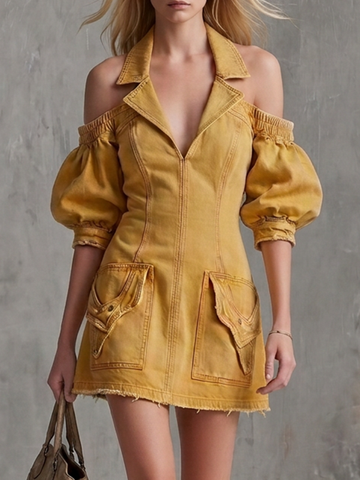 Vintage Mustard Cold-Shoulder Puff-Sleeve Utility Denim Dress With Frayed Hem