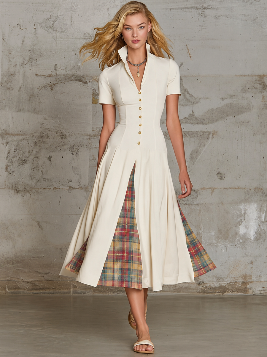 Retro-casual Elegant White Skirt With Plaid Paneling
