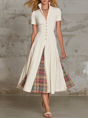 Retro-casual Elegant White Skirt With Plaid Paneling