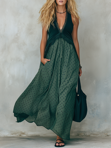 Retro-casual Elegant Green Polka-dot Dress