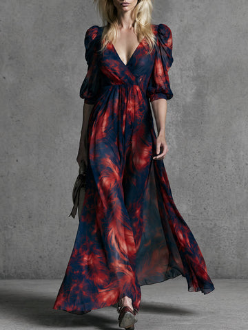 Retro Elegant Red Feather Print Blue V-neck Chiffon Maxi Dress