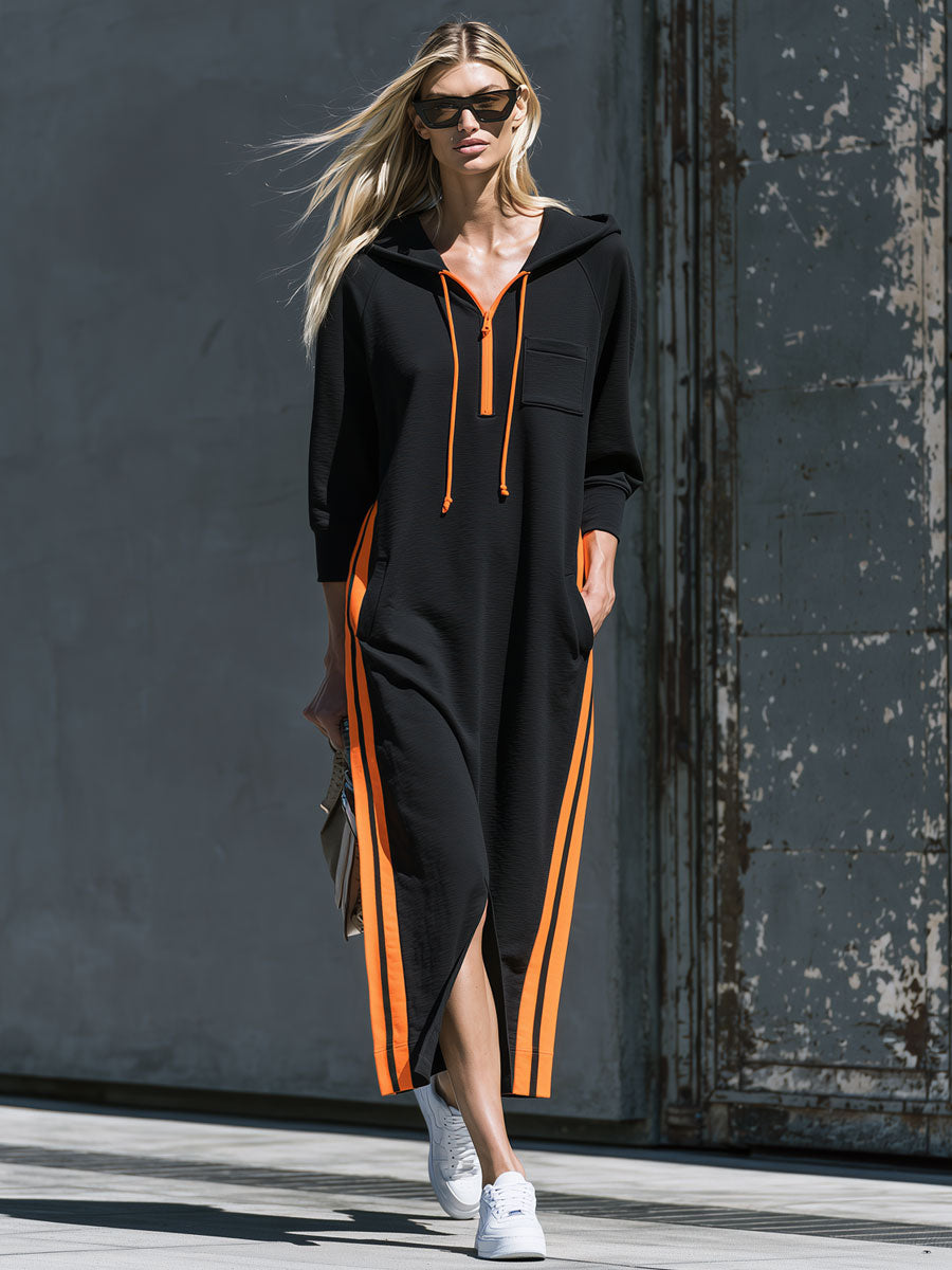 Retro Casual Color-blocked Striped Black Hooded Cotton Midi Dress