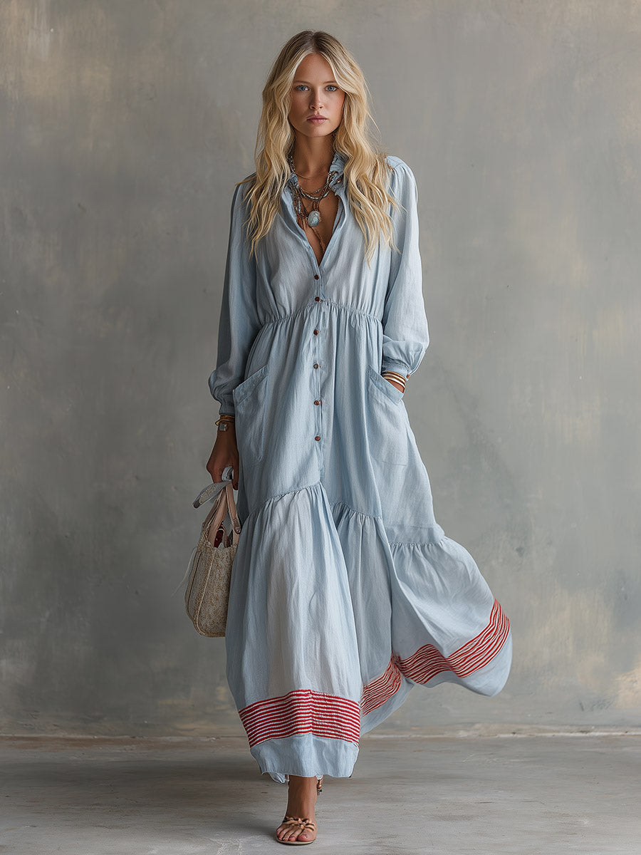 Elegant Casual Striped-Trim Light Blue Cotton-Linen Maxi Dress