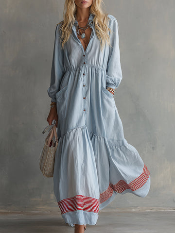 Elegant Casual Striped-Trim Light Blue Cotton-Linen Maxi Dress